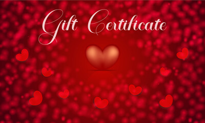 Gift certificate to Valentines Day on the red background with big and small hearts. Holiday card