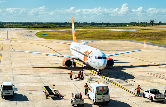 Montevideo, Uruguay - February 11, 2020: GOL airplane at Carrasco International Airport. GOL Linhas Aereas Inteligentes S.A. is a Brazilian low-cost carrier