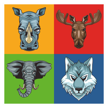 bundle of four wild animals heads characters