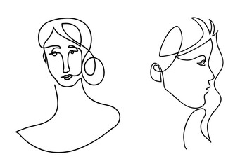 One continuous line drawing of front and side view woman portrait.
One line drawing of  two diffrent woman head.