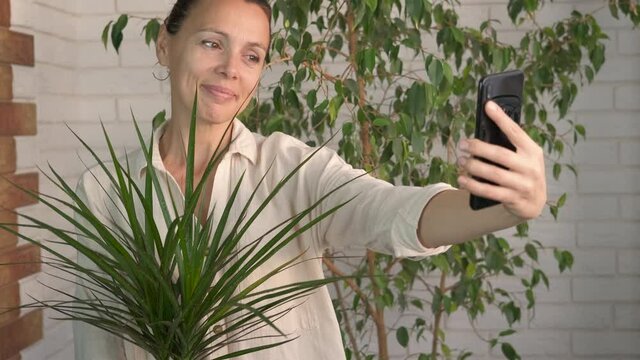 Photo with houseplant. A cheerful woman with a telephone makes photos and hold a houseplant in her hand.