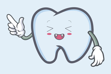 vector Pointed at, Indicate, appoint with close eye face. tooth character emoticon cartoon style. Logo, Icon, Mascot Illustration