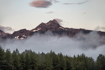 Mountain peak and cloudy forest at sunset time in Alaska National Park