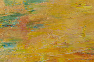 Abstract creative background: chaotic stains of oil paint on linen canvas with tonal priming