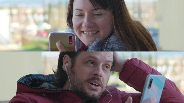 Split Screen: Young Girl And Boy Having A Video Call. Distance Concept