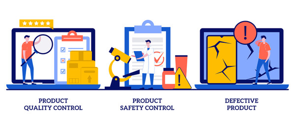 Obraz na płótnie Canvas Product quality, safety control, defective product concept with tiny people. Product manufacturing abstract vector illustration set. Customer feedback, inspection, warranty certificate metaphor