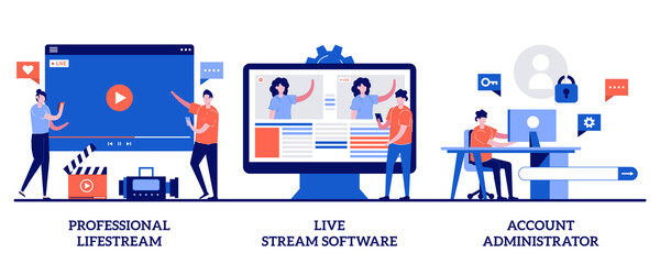 Obraz na płótnie Canvas Professional livestream, live stream software, account administrator concept with tiny people. Broadcasting service abstract vector illustration set. Online event stream manager metaphor