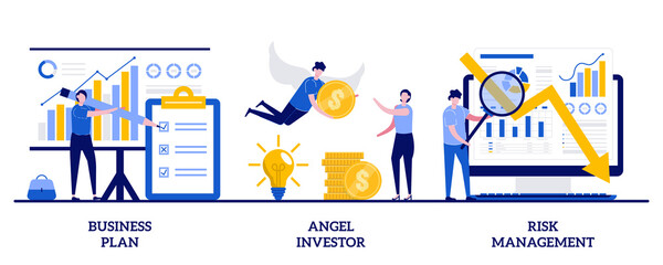 Business plan, angel investor, risk management concept with tiny people. Startup development abstract vector illustration set. Entrepreneur, online crowdfunding, investment capital metaphor