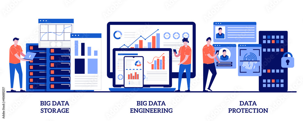 Poster big data storage, big data engineering, data protection concept with tiny people. database security 