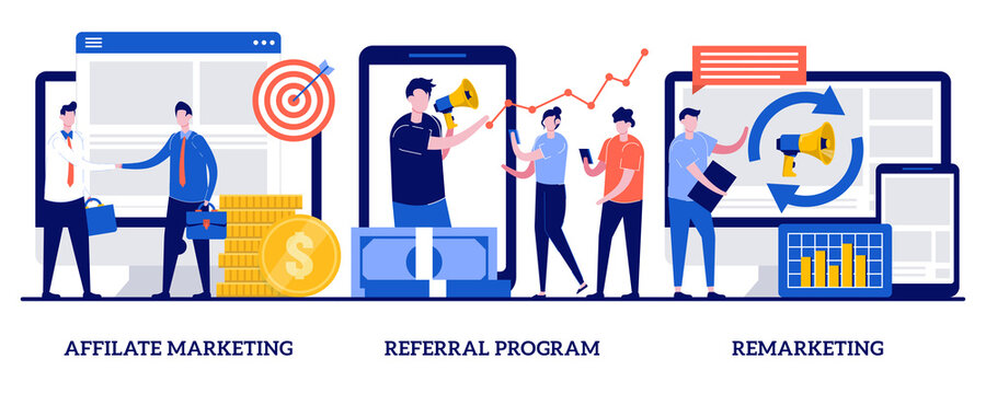Affiliate marketing, referral program, remarketing concept with tiny people. Internet promotion strategy vector illustration set. Online sales management, targeted advertising, loyalty metaphor