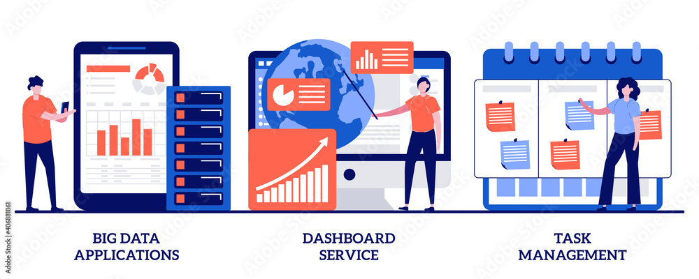 Poster big data applications, dashboard service, task management concept with tiny people. company projects