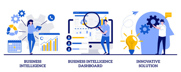 Business intelligence, intelligence dashboard, innovative solution concept with tiny people. Performance tools and software solutions abstract vector illustration set. Data analysis, KPI metaphor