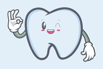 vector okay with wink happy face. tooth character emoticon cartoon style. Logo, Icon, Mascot Illustration