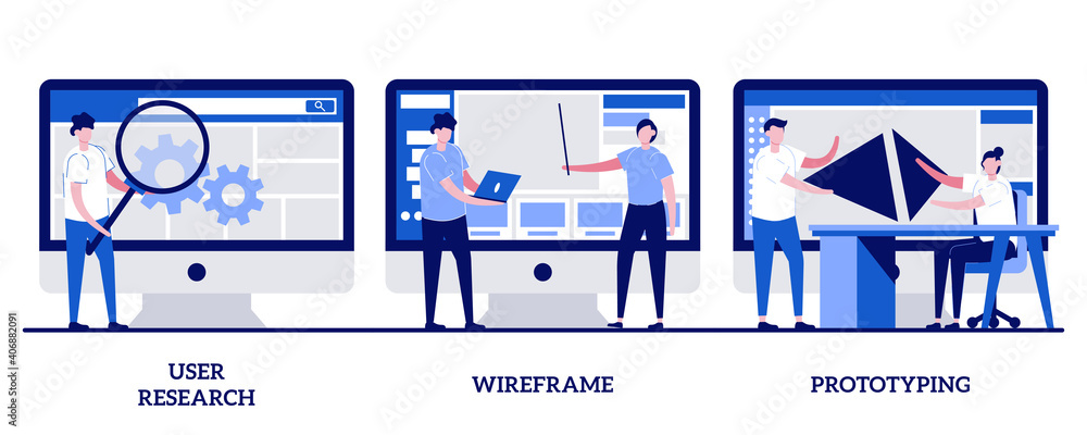 Poster user research, wireframe, prototyping concept with tiny people. ux design abstract vector illustrati