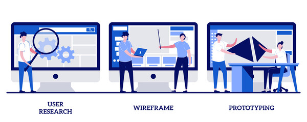 User research, wireframe, prototyping concept with tiny people. UX design abstract vector illustration set. Online survey, reports and analytics, web page layout, website navigation metaphor
