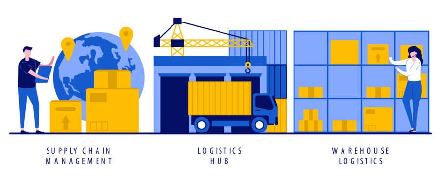 Supply chain management, logistics hub, warehouse logistics concept with tiny people. Goods transportation, storage abstract vector illustration set. Sorting and shipping, package delivery metaphor