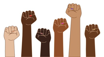 Strength of communities. Feminism activists fist symbol of strength, equality and riot, woman rights union, female power and solidarity.Feminism fists, protest and revolution, vector flat hands.