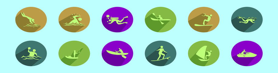 set of water sports cartoon icon design template with various models. vector illustration isolated on blue background