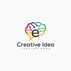 Colorful creative letter E and brain isolated logo design for technology education logo. Symbol of creativity, creative idea logo designs template