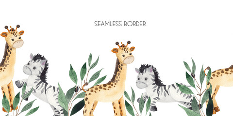 Fototapeta premium Watercolor handpainted seamless border with cute baby toys for kids (ball, doll, giraffe, hare, pyramid, rocking horse, robot, teddy bear, zebra)