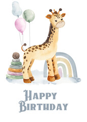 Watercolor handpainted pre-made happy birthday card with cute baby toys for kids (ball, doll, giraffe, hare, pyramid, rocking horse, robot, teddy bear, train, rainbow, wooden blocks)