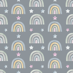 Watercolor handpainted seamless pattern with cute baby toys for kids (rainbow, stars)