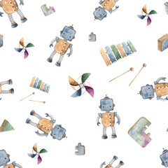 Watercolor handpainted seamless pattern with cute baby toys for kids (Airplane, ball, car, doll, giraffe, hare, pyramid, rocking horse, robot, teddy bear, train, zebra) - 406883256