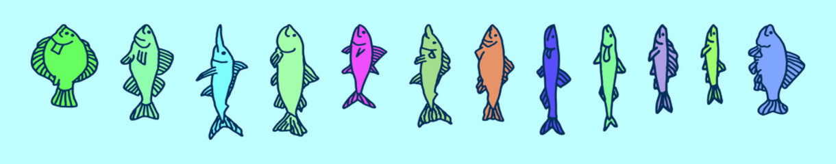 set of fish cartoon icon design template with various models. vector illustration isolated on blue background