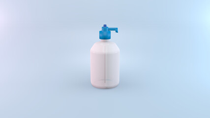 White hand sanitiser or hand wash bottle 3d render on blue background