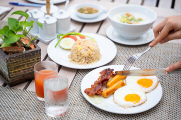 eating variety food for breakfast in morning