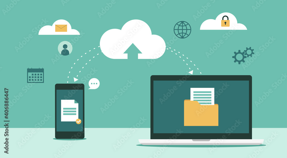 Poster cloud computing technology network with laptop and smartphone sharing information and data in databa