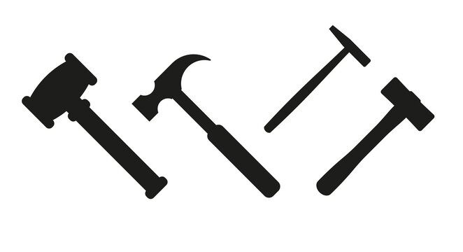 Hammer silhouette vector set. Several hammers for various purposes. Judge gavel, auction gavel, carpenter hammer, shoemaker and sledgehammer.