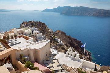 SANTORINI, GREECE - OCTOBER 5, 2015: The little ruins of fortress in Oia and Therasia island.