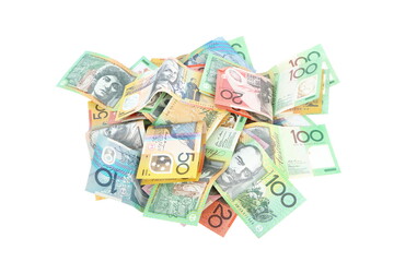 Obraz na płótnie Canvas Isolated group of colorful australian money banknote dollar (AUD) pile on white background