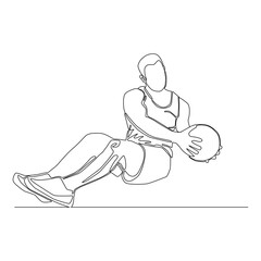 Continuous drawing line of man doing Russian twist. Russian twist movement with the medicine ball exercise vector