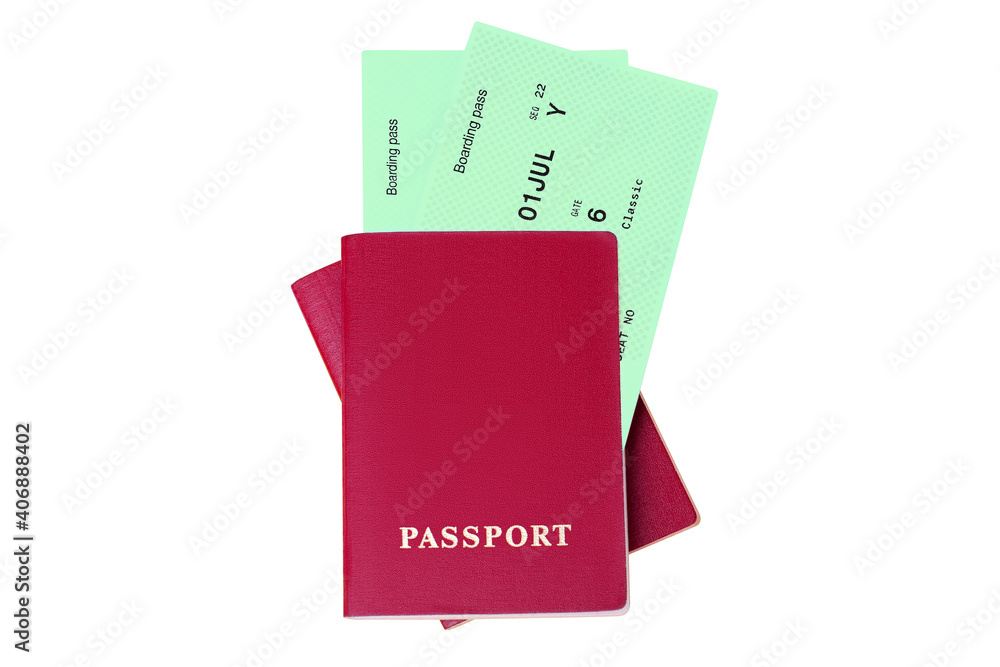 Wall mural two red passports, green flight boarding pass, ticket white background isolated closeup top view, ai