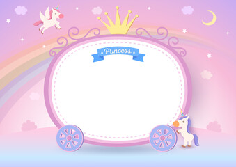 princess cartIllustration of princess cart frame with unicorns on pastel rainbow background.