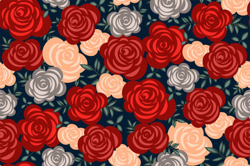 Floral rose pattern. Seamless background with red, pink, silver roses, leaves on dark blue. Elegant botanical print in hand-drawn style. Vector vintage design for fabrics, wrapping paper, prints...