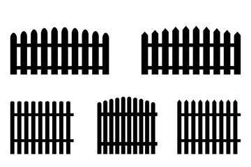 Black fence in rustic style. Sections of different fences. Black parts of inclosure. Stock image. EPS 10.