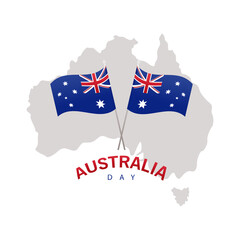 happy australia day lettering with flags and silhouette of map