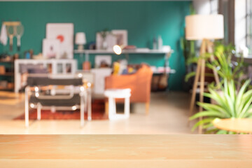 Craft wooden board empty table in front of blurred background.