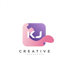 KJ Initial Letter logo icon design template elements with wave colorful art