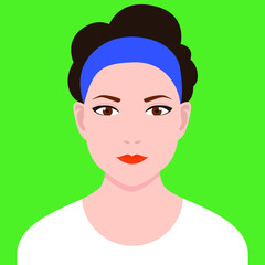 Short hair narrowed-eyes woman with headband standing alone in front of green background.