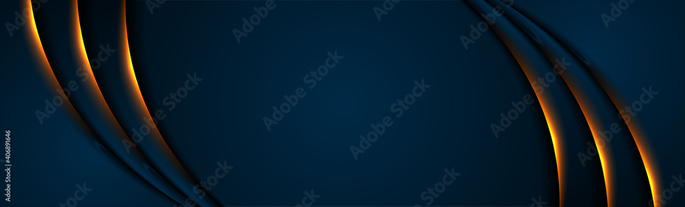 Poster futuristic blue technology abstract background with orange neon glowing waves. vector banner design