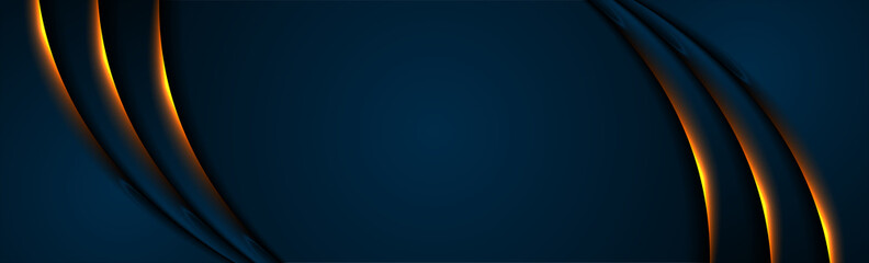 Futuristic blue technology abstract background with orange neon glowing waves. Vector banner design