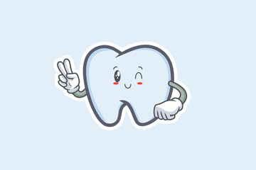 WINK, SMILING, CHEERFUL, SMILE Face Emotion. Peace Hand Gesture. Tooth Cartoon Drawing Mascot Illustration.