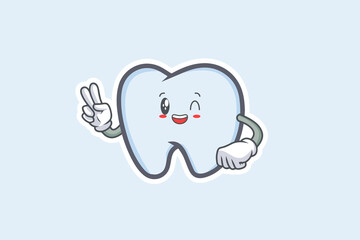 GRINNING WINK, HAPPY, CHEERFUL Face Emotion. Peace Hand Gesture. Tooth Cartoon Drawing Mascot Illustration.