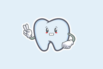 ANXIOUS, ANXIOUSLY, ANXIOUSNESS Face Emotion. Peace Hand Gesture. Tooth Cartoon Drawing Mascot Illustration.