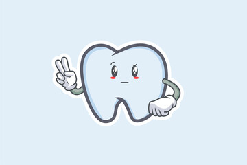 REALLY, ATTENTIVE, CURIOS Face Emotion. Peace Hand Gesture. Tooth Cartoon Drawing Mascot Illustration.