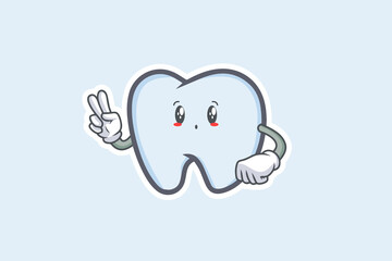 UH , OH, GASP Face Emotion. Peace Hand Gesture. Tooth Cartoon Drawing Mascot Illustration.